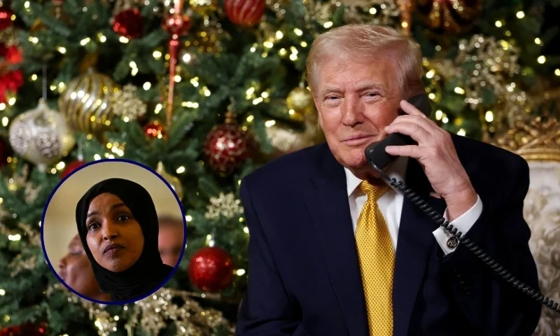 (Background) U.S. President Donald Trump calls children as he participates in tracking Santa Claus' movements with the North American Aerospace Defense Command (NORAD) Santa Tracker on Christmas Eve (Tasos Katopodis/Getty Images) / (L) U.S. Rep. Ilhan Omar (D-MN) speaks during a press conference (Stephen Maturen/Getty Images)