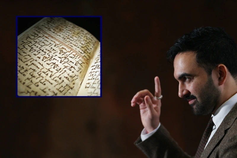 (Background) New York City Mayor-elect Zohran Mamdani announces two deputy mayors in Staten Island on December 19, 2025 in New York City. (Spencer Platt/Getty Images) / (L) A Koran manuscript is displayed at the University of Birmingham on July 24, 2015 in Birmingham, England. (Dan Kitwood/Getty Images)