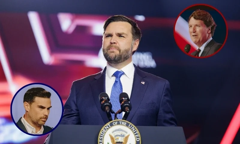 (Background) Vice President JD Vance speaks on the final day of Turning Point USA's annual AmericaFest conference. (Caylo Seals/Getty Images) / (L) US conservative political commentator Ben Shapiro speaks during Turning Point's annual AmericaFest conference (Olivier Touron / AFP via Getty Images) / (R) Conservative political commentator and podcast host Tucker Carlson speaks at Turning Point's annual AmericaFest conference (Olivier Touron / AFP via Getty Images)