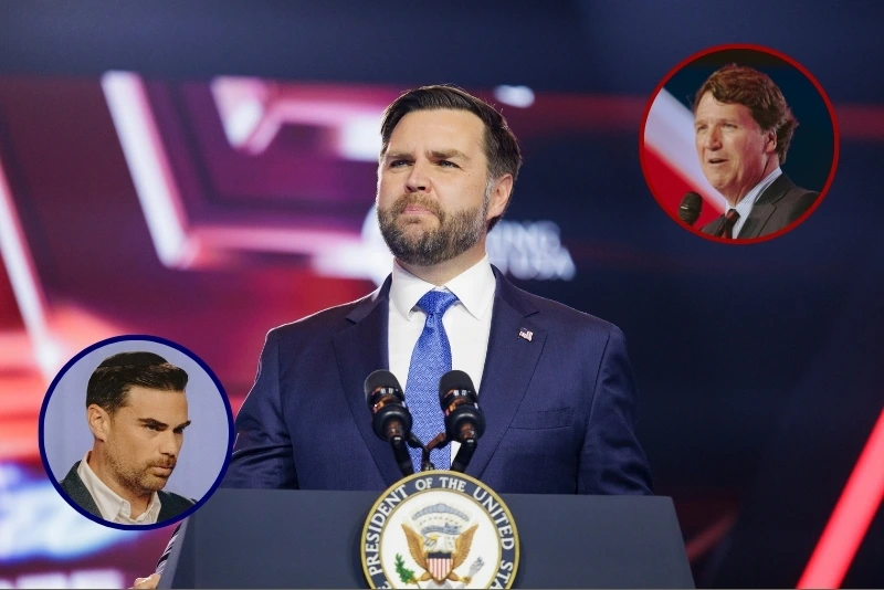 (Background) Vice President JD Vance speaks on the final day of Turning Point USA's annual AmericaFest conference. (Caylo Seals/Getty Images) / (L) US conservative political commentator Ben Shapiro speaks during Turning Point's annual AmericaFest conference (Olivier Touron / AFP via Getty Images) / (R) Conservative political commentator and podcast host Tucker Carlson speaks at Turning Point's annual AmericaFest conference (Olivier Touron / AFP via Getty Images)