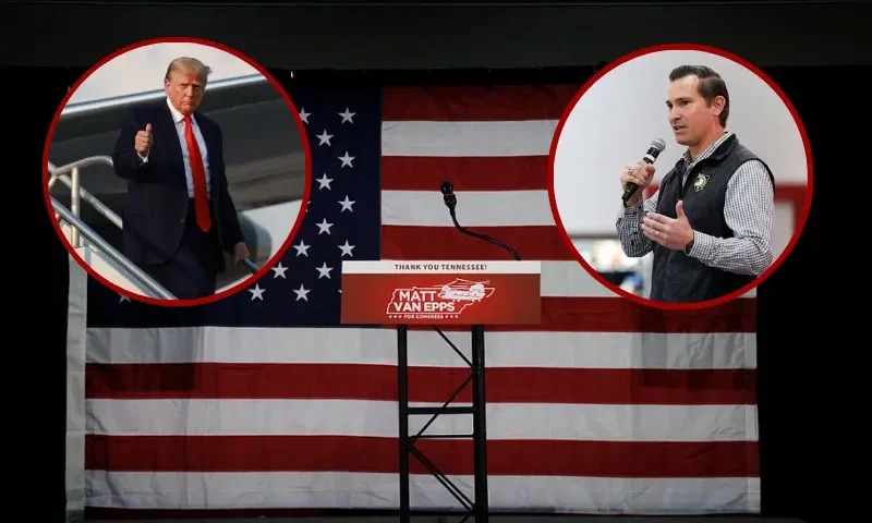 President Donald Trump gives a thumbs up as he arrives at Atlanta Hartsfield-Jackson International Airport on August 24, 2023 in Atlanta, Georgia. (Photo by Joe Raedle/Getty Images) / The podium is set onstage in front of an American flag before an election night event for Republican nominee Matt Van Epps at the Millennium Hotel Maxwell House Nashville on December 2, 2025 in Franklin, Tennessee. (Photo by Brett Carlsen/Getty Images)/ Republican congressional candidate Matt Van Epps speaks during a get out the vote event on December 1, 2025 in Franklin, TennesseePhoto by Brett Carlsen/Getty Images)