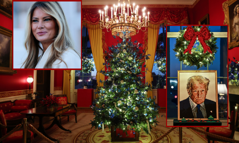 (L-Top) First lady Melania Trump welcomes the official 2025 White House Christmas Tree on November 24, 2025 in Washington, DC. (Photo by Heather Diehl/Getty Images) / (L-Bottom) Photo via: Rapid Response X account (R) WASHINGTON, DC - DECEMBER 01: A lego portrait of U.S. President Donald Trump is seen in the Green Room during an advance tour of the 2025 White House Christmas decorations on December 01, 2025 in Washington, DC. The theme for this year's White House Christmas decorations is "Home Is Where The Heart Is." (Photo by Anna Moneymaker/Getty Images) / (Background) WASHINGTON, DC - DECEMBER 01: Blue butterflies are seen in the Red Room during an advance tour of the 2025 White House Christmas decorations on December 01, 2025 in Washington, DC. The theme for this year's White House Christmas decorations is "Home Is Where The Heart Is." (Photo by Anna Moneymaker/Getty Images)