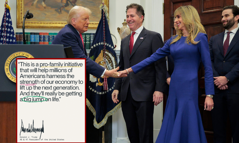 (L) Trump White House signature confirming Dell deal. (Photo via: White House) / (Background) U.S. President Donald Trump greets tech billionaires Michael Dell (C), his wife Susan Dell (3rd-R) while making an announcement about "Trump accounts" in the Roosevelt Room at the White House on December 02, 2025 in Washington, DC. Dell is contributing $6.25 billion of his own money to the program, which aims to have the government provide $1,000 in seed money for investment accounts that will be granted to children born in the next four years. (Photo by Chip Somodevilla/Getty Images)