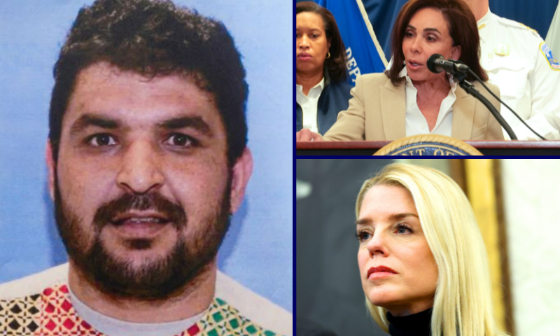 (L) Rahmanullah Lakanwal, 29 (FBI) / (R-Top) WASHINGTON, DC - NOVEMBER 27: US Attorney for the District of Columbia Jeanine Pirro speaks to the press as D.C. Mayor Muriel Bowser (L), looks on during a conference regarding the shooting of two West Virginia National Guard soldiers on November 27, 2025 in Washington, DC. Two members of the West Virginia National Guard were shot blocks from the White House in what authorities are calling a targeted shooting. (Photo by Andrew Leyden/Getty Images) / (R-bottom) WASHINGTON, DC - NOVEMBER 10: Attorney General Pam Bondi attends the swearing-in ceremony of U.S. Ambassador to India Sergio Gor in the Oval Office of the White House on November 10, 2025 in Washington, DC. In addition to serving as Ambassador to India, President Donald Trump appointed Gor as Special Envoy to South and Central Asia. Gor previously served as Assistant to the President and Director of Presidential Personnel at the White House. (Photo by Anna Moneymaker/Getty Images)