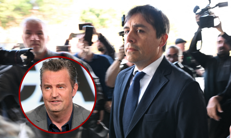 (L)PASADENA, CA - JANUARY 13: Actor Matthew Perry of the television show 'The Kennedys - After Camelot' speaks onstage during the REELZChannel portion of the 2017 Winter Television Critics Association Press Tour at the Langham Hotel on January 13, 2017 in Pasadena, California (Photo by Frederick M. Brown/Getty Images) / (Background) Salvador Plasencia arrives for his sentencing on charges of supplying ketamine to actor Matthew Perry, at the Edward R. Roybal Federal Courthouse in Los Angeles, California, on December 3, 2025. Plasencia, 43, one of five people charged over Perry's death, has admitted to four counts of distribution of ketamine. He faces up to 40 years in prison as well as a fine that could run into millions of dollars. He will also surrender his medical license. (Photo by Robyn Beck / AFP via Getty Images)