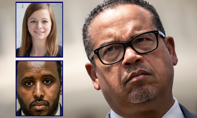 (L-Top) Judge Sarah West. (Minnesota Courts) / (L-Bottom) Abdifatah Yusuf, 44. (Public Facebook account) / (Background) Minnesota Attorney General Keith Ellison attends a news conference with Democratic members of the House Financial Services Committee and the Sustainable Investment Caucus at the U.S. Capitol. (Photo by Drew Angerer/Getty Images)