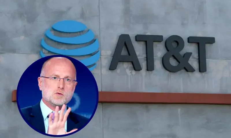 The AT&T logo sign is seen above the store in Culver City, California (Photo by CHRIS DELMAS/AFP via Getty Images) / Brendan Carr, Chairman, FCC, speaks onstage during the 2025 Concordia Annual Summit at Sheraton New York Times Square