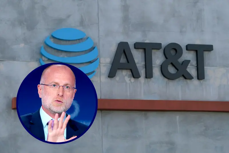 The AT&T logo sign is seen above the store in Culver City, California (Photo by CHRIS DELMAS/AFP via Getty Images) / Brendan Carr, Chairman, FCC, speaks onstage during the 2025 Concordia Annual Summit at Sheraton New York Times Square