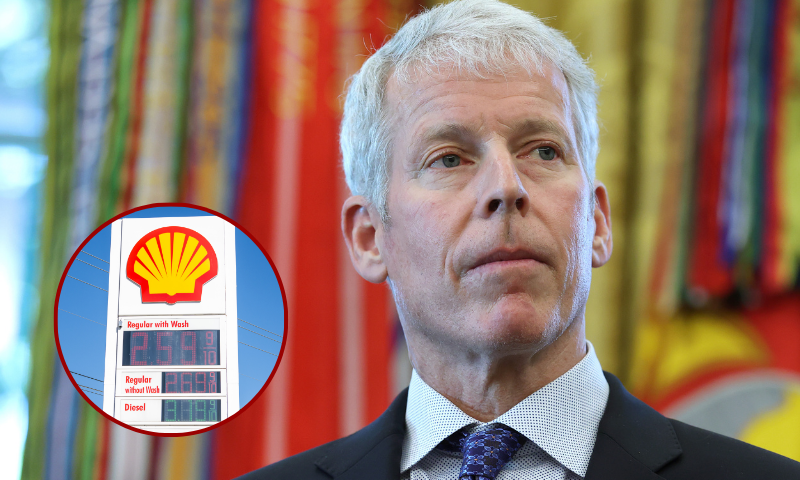 (L) Gas prices are seen in Austin, Texas. Gas prices are near their lowest in four years, with twenty-eight states averaging prices below $3 a gallon. (Photo by Brandon Bell/Getty Images) / (Background) WASHINGTON, DC - OCTOBER 06: U.S. Energy Secretary Chris Wright speaks during an event with President Donald Trump in the Oval Office at the White House on October 06, 2025 in Washington, DC. Trump spoke on an executive order to increase the development and production of Alaska's natural resources. (Photo by Anna Moneymaker/Getty Images)