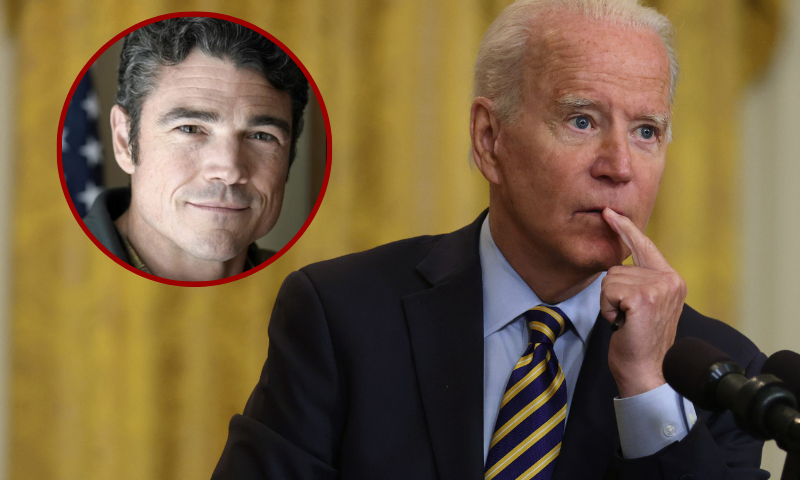 (L) National Counterterrorism Center (NCTC) Director Joe Kent. (Photo via: soaa.org) / (Background) WASHINGTON, DC - JULY 08: U.S. President Joe Biden speaks during an East Room event on troop withdrawal from Afghanistan at the White House July 8, 2021 in Washington, DC. (Alex Wong/Getty Images)