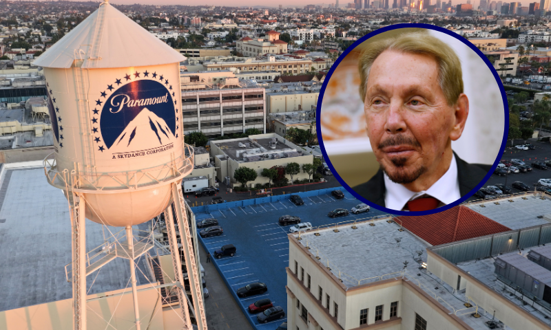 (Background) LOS ANGELES, CALIFORNIA - DECEMBER 08: An aerial view shows the Paramount logo displayed on the water tower at Paramount Studios on December 8, 2025 in Los Angeles, California. Entertainment giant Paramount, now renamed Paramount Skydance, is attempting a hostile takeover bid for Warner Bros. Discovery worth $108.4 billion. (Mario Tama/Getty Images) / (R) WASHINGTON, DC - FEBRUARY 03: Oracle co-founder, CTO and Executive Chairman Larry Ellison listens as U.S. President Donald Trump speaks to reporters in the Oval Office of the White House on February 03, 2025 in Washington, DC. After signing a series of executive orders and proclamations, Trump spoke to reporters about a range of topics including recent negotiations with Mexico on tariffs. (Photo by Anna Moneymaker/Getty Images)