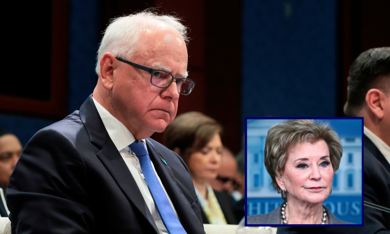 (Background) WASHINGTON, DC - JUNE 12: Minnesota Gov. Tim Walz listens during a hearing with the House Oversight and Accountability Committee at the U.S. Capitol on June 12, 2025 in Washington, DC. (Anna Moneymaker/Getty Images) / (R) US Secretary of Education Linda McMahon speaks during the daily briefing in the Brady Briefing Room of the White House in Washington, DC, on November 20, 2025. (Photo by Brendan SMIALOWSKI / AFP) (Photo by BRENDAN SMIALOWSKI/AFP via Getty Images)