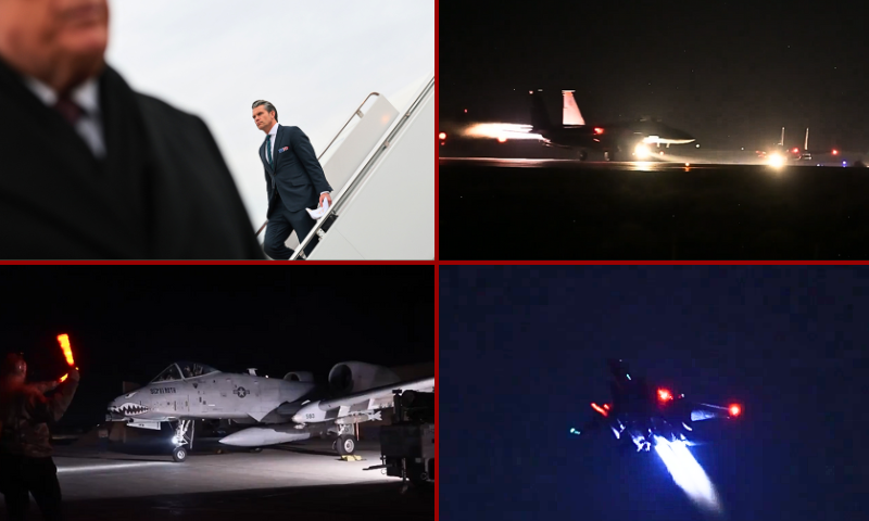 (L-Top) JOINT BASE ANDREWS, MARYLAND - DECEMBER 17: U.S. Secretary of War Pete Hegseth (R) departs Air Force One as U.S. President Donald Trump speaks to reporters on December 17, 2025 in Joint Base Andrews, Maryland. Trump and Hegseth attended a dignified transfer ceremony at Dover Air Force Base for two members of the Iowa National Guard killed in Syria. (Photo by Anna Moneymaker/Getty Images) / (Photo screenshots via U.S. Department of War)