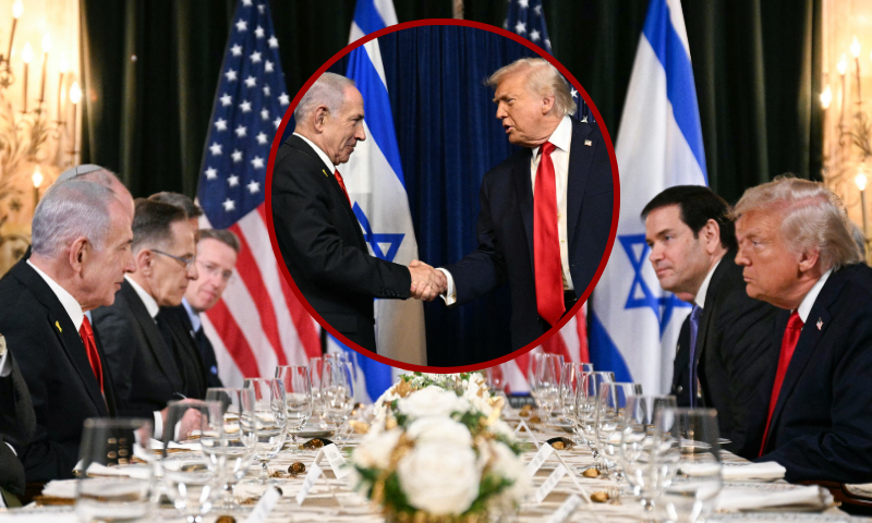 (Background) US President Donald Trump (R) meets with Israeli Prime Minister Benjamin Netanyahu (L) during a bilateral meeting at Trump's Mar-a-Lago residence in Palm Beach, Florida, on December 29, 2025. (Photo by Jim WATSON / AFP via Getty Images) / (Center) PALM BEACH, FLORIDA - DECEMBER 29: U.S. President Donald Trump welcomes Israeli Prime Minister Benjamin Netanyahu to his Mar-a-Lago club on December 29, 2025 in Palm Beach, Florida. The two leaders are scheduled to hold a bilateral meeting to discuss regional security in the Middle East as well as the U.S.-Israel partnership. (Photo by Joe Raedle/Getty Images)