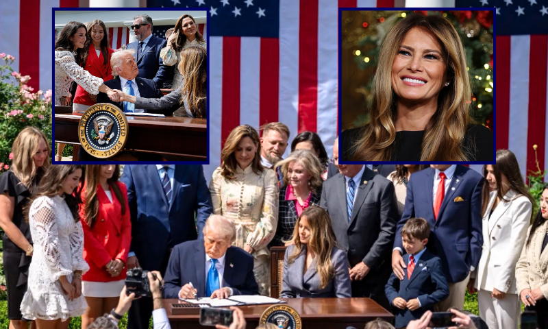 (L-Top) WASHINGTON, DC - MAY 19: First lady Melania Trump shakes hands with Elliston Berry, victim of an AI deepfake, alongside U.S. President Donald Trump, lawmakers and other victims during the signing ceremony for the TAKE IT DOWN Act in the Rose Garden of the White House on May 19, 2025 in Washington, DC. The first lady made the Tools to Address Known Exploitation by Immobilizing Technological Deepfakes on Websites and Networks (TAKE IT DOWN) Act a priority, traveling to Capitol Hill to lobby lawmakers and show her support for the legislation, which addresses non-consensual intimate imagery, or "revenge porn," and artificial intelligence deepfakes posted online and to social media. (Photo by Chip Somodevilla/Getty Images) / (R-Top) PALM BEACH, FLORIDA - DECEMBER 24: First lady Melania Trump calls children as she participates in tracking Santa Claus' movements with the North American Aerospace Defense Command (NORAD) Santa Tracker on Christmas Eve at the Mar-a-Lago resort on December 24, 2025 in Palm Beach, Florida. This is the 70th year that NORAD has publicly tracked Santa’s sleigh on its global rounds. (Photo by Tasos Katopodis/Getty Images) / (Background) Signing of Take it Down Act. (Photo via: White House)