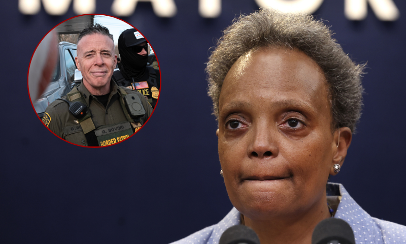 (L) EVANSTON, ILLINOIS - DECEMBER 17: U.S. Border Patrol Chief Gregory Bovino is confronted by residents during a sto at a gas station while on patrol on December 17, 2025 in Evanston, Illinois. The agents made apprehensions of suspected undocumented immigrants as they patrolled through Chicago and several nearby suburbs. (Photo by Scott Olson/Getty Images) / (Background) CHICAGO, ILLINOIS - MAY 09: Chicago Mayor Lori Lightfoot announces that she has declared a state of emergency to help deal with an influx of migrants during a press conference on May 09, 2023 in Chicago, Illinois. According to the mayor, 100 to 200 migrants are arriving in the city each day. (Photo by Scott Olson/Getty Images)