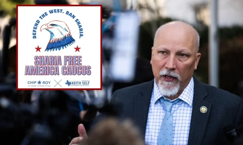 (Background) U.S. Rep. Chip Roy (R-TX) speaks to reporters (Tierney L. Cross/Getty Images) / (L) GOP Reps. Keith Self (R-Texas) and Chip Roy's (R-Texas) promotional photo for the Sharia Free America Caucus