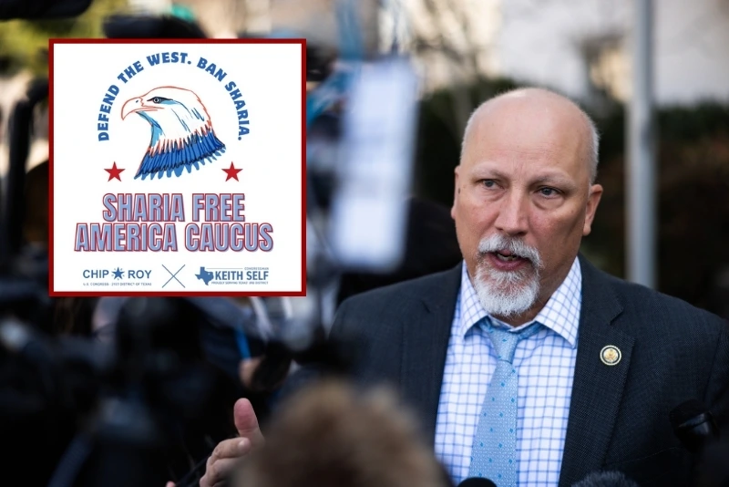 (Background) U.S. Rep. Chip Roy (R-TX) speaks to reporters (Tierney L. Cross/Getty Images) / (L) GOP Reps. Keith Self (R-Texas) and Chip Roy's (R-Texas) promotional photo for the Sharia Free America Caucus
