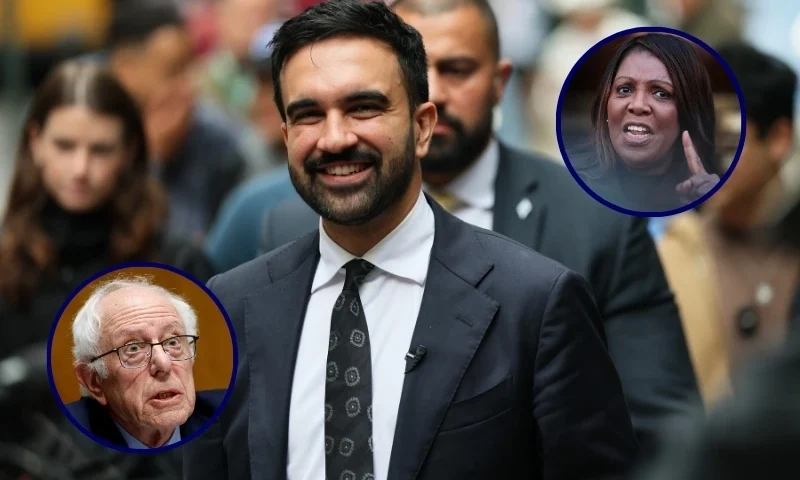 (Background) New York Mayoral candidate Zohran Mamdani speaks with press as he walks towards a press conference on October 08, 2025, in New York City. ( Michael M. Santiago/Getty Images) / (L) Ranking member Sen. Bernie Sanders (I-VT) speaks during a hearing with the Senate Committee (Kevin Dietsch/Getty Images) / (R) NY Attorney General Letitia James speaks during a press conference (Michael M. Santiago/Getty Images)