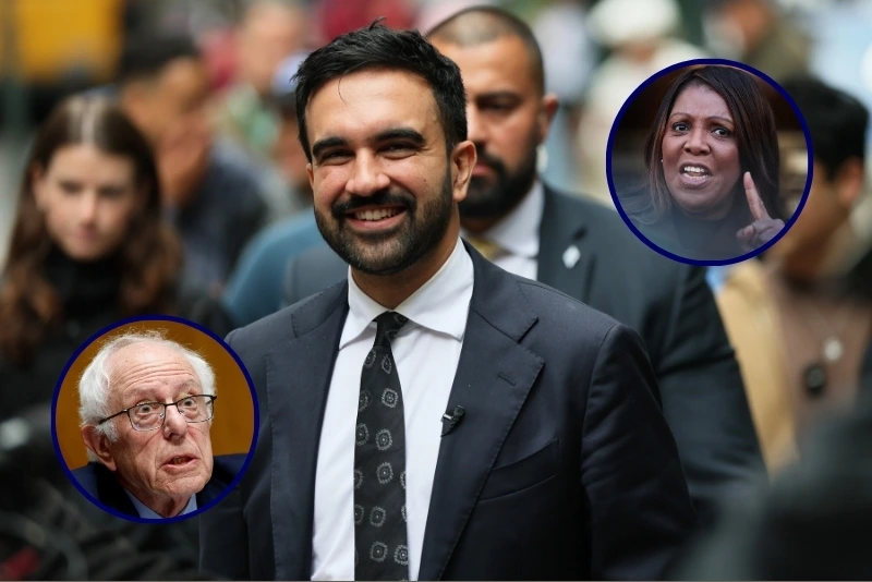 (Background) New York Mayoral candidate Zohran Mamdani speaks with press as he walks towards a press conference on October 08, 2025, in New York City. ( Michael M. Santiago/Getty Images) / (L) Ranking member Sen. Bernie Sanders (I-VT) speaks during a hearing with the Senate Committee (Kevin Dietsch/Getty Images) / (R) NY Attorney General Letitia James speaks during a press conference (Michael M. Santiago/Getty Images)