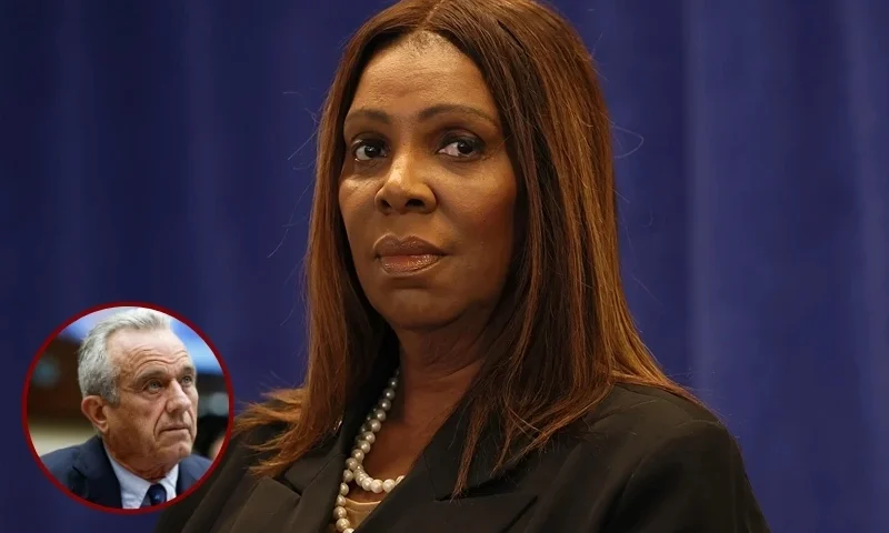 (Background) New York Attorney General Letitia James stands silently during a press conference at the office of the Attorney General on December 15, 2025 in New York City. (Michael M. Santiago/Getty Images) / (L) Robert F. Kennedy Jr. speaks during hearing with the House Judiciary Subcommittee. (Anna Moneymaker/Getty Images)