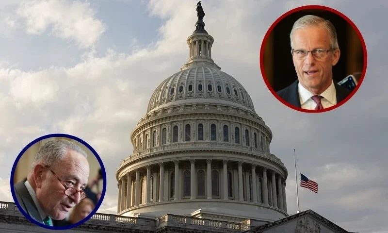 (Background) The U.S. Capitol is seen on the 40th day of a government shutdown on November 9, 2025 in Washington, DC. (Anna Rose Layden/Getty Images) / (L) Senate Minority Leader Chuck Schumer (D-NY) speaks during a press conference (Win McNamee/Getty Images) / (R) U.S. Senate Majority Leader John Thune (R-SD) speaks to reporters (Kayla Bartkowski/Getty Images)