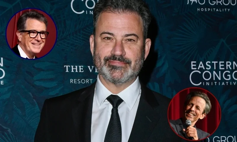 (Background) Jimmy Kimmel attends the 2023 Eastern Congo Initiative Poker and Blackjack Tournament (Mindy Small/Getty Images) / (L) Stephen Colbert attends Apple TV +'s Primetime Emmy Party (David Livingston/Getty Images) / (R) Seth Meyers speaks onstage during the Will & Harper NY Special Screening (Roy Rochlin/Getty Images for Netflix)