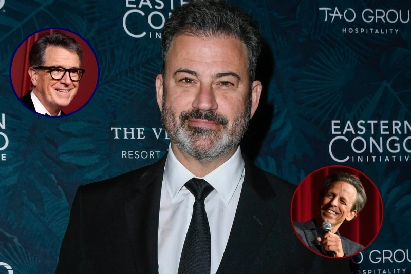 (Background) Jimmy Kimmel attends the 2023 Eastern Congo Initiative Poker and Blackjack Tournament (Mindy Small/Getty Images) / (L) Stephen Colbert attends Apple TV +'s Primetime Emmy Party (David Livingston/Getty Images) / (R) Seth Meyers speaks onstage during the Will & Harper NY Special Screening (Roy Rochlin/Getty Images for Netflix)