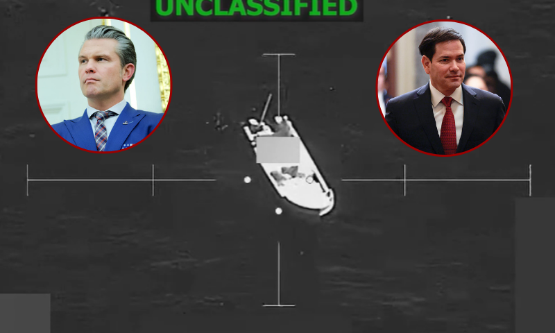 (L) U.S. Secretary of War Pete Hegseth listens as U.S. President Donald Trump speaks to reporters after a ceremony for the presentation of the Mexican Border Defense Medal in the Oval Office of the White House on December 15, 2025 in Washington, DC. During the ceremony, Trump recognized the first 13 service members to receive the recently established Mexican Border Defense Medal (MBDM), which recognizes service members supporting Customs and Border Protection on the U.S.-Mexico border. (Photo by Anna Moneymaker/Getty Images) / (R) U.S. Secretary of State Marco Rubio arrives for a closed door meeting with lawmakers on Capitol Hill on December 16, 2025 in Washington, DC. Rubio and U.S. Secretary of War Pete Hegseth are headed back to Capitol Hill to speak with lawmakers as questions mount about strikes carried out by the U.S. military on suspected drug boats out of Venezuela ordered by the Trump Administration. (Photo by Heather Diehl/Getty Images) / (Background) Image from U.S Southern Command pictures a boat in the crosshairs of a Military Aircraft prepared to strike (Photo: U.S. Southern Command)