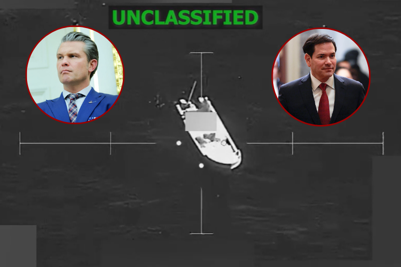(L) U.S. Secretary of War Pete Hegseth listens as U.S. President Donald Trump speaks to reporters after a ceremony for the presentation of the Mexican Border Defense Medal in the Oval Office of the White House on December 15, 2025 in Washington, DC. During the ceremony, Trump recognized the first 13 service members to receive the recently established Mexican Border Defense Medal (MBDM), which recognizes service members supporting Customs and Border Protection on the U.S.-Mexico border. (Photo by Anna Moneymaker/Getty Images) / (R) U.S. Secretary of State Marco Rubio arrives for a closed door meeting with lawmakers on Capitol Hill on December 16, 2025 in Washington, DC. Rubio and U.S. Secretary of War Pete Hegseth are headed back to Capitol Hill to speak with lawmakers as questions mount about strikes carried out by the U.S. military on suspected drug boats out of Venezuela ordered by the Trump Administration. (Photo by Heather Diehl/Getty Images) / (Background) Image from U.S Southern Command pictures a boat in the crosshairs of a Military Aircraft prepared to strike (Photo: U.S. Southern Command)