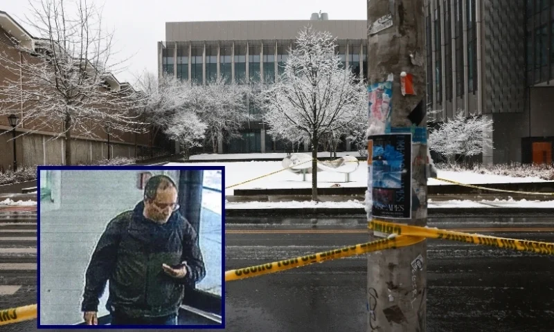 (Background) Crime scene tape is seen on campus at Brown University following a mass shooting (Spencer Platt/Getty Images) / (L) Security camera footage of Claudio Neves-Valente via Providence Police Dept