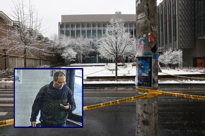 (Background) Crime scene tape is seen on campus at Brown University following a mass shooting (Spencer Platt/Getty Images) / (L) Security camera footage of Claudio Neves-Valente via Providence Police Dept