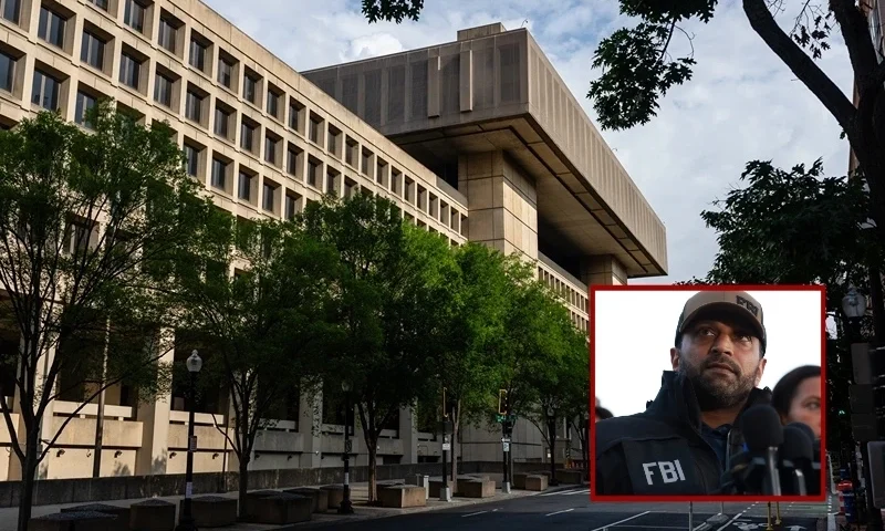 (Background) The J. Edgar Hoover building, Federal Bureau of Investigations's headquarters (Eric Lee/Getty Images) / (R) FBI Director Kash Patel speaks to the media (Anna Moneymaker/Getty Images)