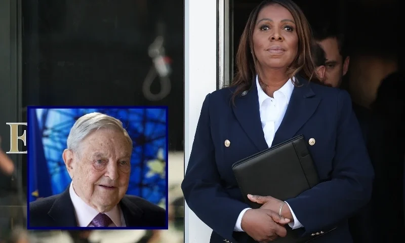 (Background) New York Attorney General Letitia James leaves the Walter E. Hoffman United States Courthouse following an arraignment hearing on October 24, 2025 in Norfolk, Virginia. (Photo by Win McNamee/Getty Images) / (L) George Soros, Founder and Chairman of the Open Society Foundations (OLIVIER HOSLET/POOL/AFP via Getty Images)