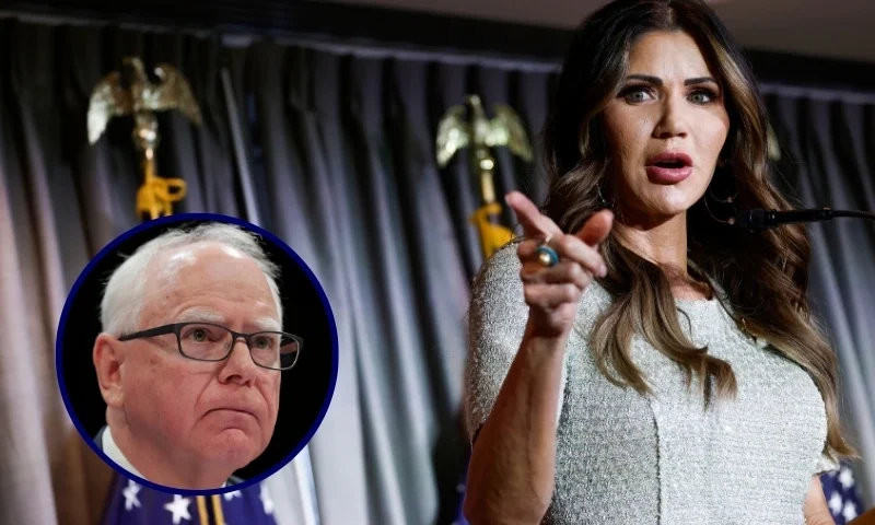 (Background) South Dakota Governor Kristi Noem (Anna Moneymaker/Getty Images) / (L) Minnesota Gov. Tim Walz listens during a hearing with the House Oversight and Accountability Committee (Anna Moneymaker/Getty Images)