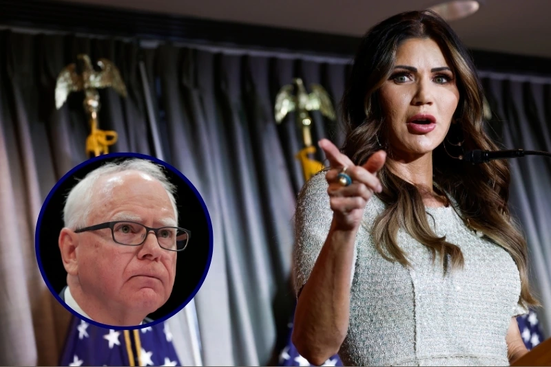 (Background) South Dakota Governor Kristi Noem (Anna Moneymaker/Getty Images) / (L) Minnesota Gov. Tim Walz listens during a hearing with the House Oversight and Accountability Committee (Anna Moneymaker/Getty Images)