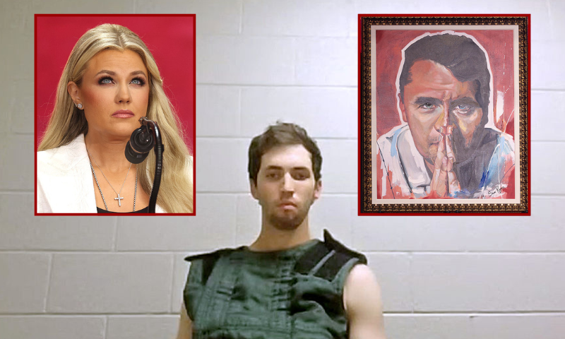 (Background) In this handout video screen grab provided by the Utah State Courts, Tyler James Robinson attends a virtual court hearing from Utah County Jail on September 16, 2025 in Spanish Fork, Utah. Tyler Robinson is accused of fatally shooting Charlie Kirk, CEO and co-founder of Turning Point USA, while he was speaking at an event for his "American Comeback Tour" on the campus of Utah Valley University. (Photo by Utah State Courts via Getty Images) / (L) Erika Kirk, Charlie Kirk's widow, speaks during the public memorial service for right-wing activist Charlie Kirk at State Farm Stadium in Glendale, Arizona, on September 21, 2025. (Photo by Patrick T. Fallon / AFP) (Photo by PATRICK T. FALLON/AFP via Getty Images) / (R) A portrait of right-wing activist Charlie Kirk is seen on the stage during the public memorial service for him at State Farm Stadium in Glendale, Arizona, on September 21, 2025. (Photo by Patrick T. Fallon / AFP) / RESTRICTED TO EDITORIAL USE - MANDATORY MENTION OF THE ARTIST UPON PUBLICATION - TO ILLUSTRATE THE EVENT AS SPECIFIED IN THE CAPTION (Photo by PATRICK T. FALLON/AFP via Getty Images)