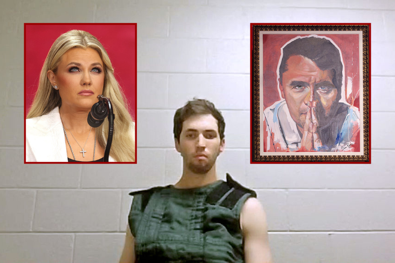 (Background) In this handout video screen grab provided by the Utah State Courts, Tyler James Robinson attends a virtual court hearing from Utah County Jail on September 16, 2025 in Spanish Fork, Utah. Tyler Robinson is accused of fatally shooting Charlie Kirk, CEO and co-founder of Turning Point USA, while he was speaking at an event for his "American Comeback Tour" on the campus of Utah Valley University. (Photo by Utah State Courts via Getty Images) / (L) Erika Kirk, Charlie Kirk's widow, speaks during the public memorial service for right-wing activist Charlie Kirk at State Farm Stadium in Glendale, Arizona, on September 21, 2025. (Photo by Patrick T. Fallon / AFP) (Photo by PATRICK T. FALLON/AFP via Getty Images) / (R) A portrait of right-wing activist Charlie Kirk is seen on the stage during the public memorial service for him at State Farm Stadium in Glendale, Arizona, on September 21, 2025. (Photo by Patrick T. Fallon / AFP) / RESTRICTED TO EDITORIAL USE - MANDATORY MENTION OF THE ARTIST UPON PUBLICATION - TO ILLUSTRATE THE EVENT AS SPECIFIED IN THE CAPTION (Photo by PATRICK T. FALLON/AFP via Getty Images)