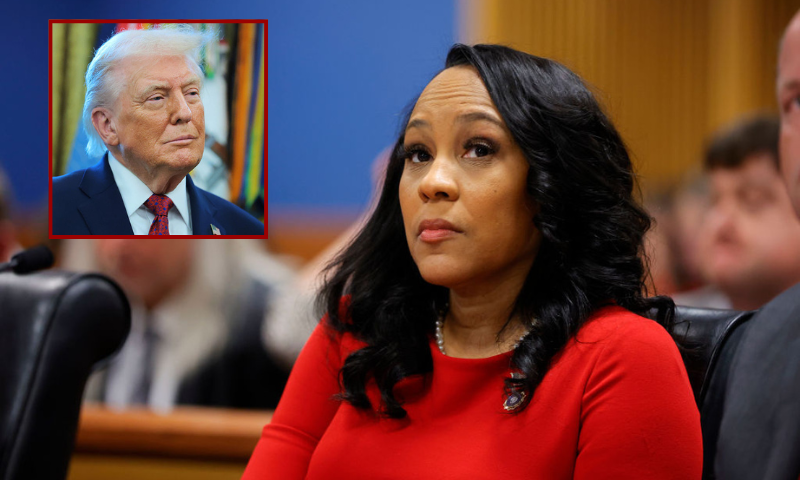 (Background) Fulton County District Attorney Fani Willis looks on during a hearing in the case of the State of Georgia v. Donald John Trump at the Fulton County Courthouse on March 1, 2024, in Atlanta, Georgia. The hearing is to determine whether Fulton County District Attorney Fani Willis should be removed from the case because of a relationship with Nathan Wade, special prosecutor she hired in the election interference case against former President Donald Trump. (Photo by Alex Slitz-Pool/Getty Images) / (L) U.S. President Donald Trump listens during a ceremony for the presentation of the Mexican Border Defense Medal in the Oval Office of the White House on December 15, 2025 in Washington, DC. During the ceremony, Trump recognized the first 13 service members to receive the recently established Mexican Border Defense Medal (MBDM), which recognizes service members supporting Customs and Border Protection on the U.S.-Mexico border. (Photo by Anna Moneymaker/Getty Images)