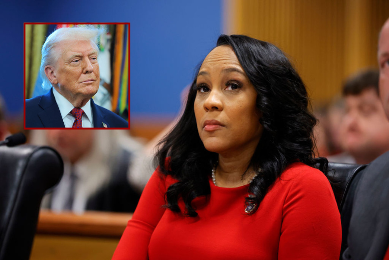 (Background) Fulton County District Attorney Fani Willis looks on during a hearing in the case of the State of Georgia v. Donald John Trump at the Fulton County Courthouse on March 1, 2024, in Atlanta, Georgia. The hearing is to determine whether Fulton County District Attorney Fani Willis should be removed from the case because of a relationship with Nathan Wade, special prosecutor she hired in the election interference case against former President Donald Trump. (Photo by Alex Slitz-Pool/Getty Images) / (L) U.S. President Donald Trump listens during a ceremony for the presentation of the Mexican Border Defense Medal in the Oval Office of the White House on December 15, 2025 in Washington, DC. During the ceremony, Trump recognized the first 13 service members to receive the recently established Mexican Border Defense Medal (MBDM), which recognizes service members supporting Customs and Border Protection on the U.S.-Mexico border. (Photo by Anna Moneymaker/Getty Images)