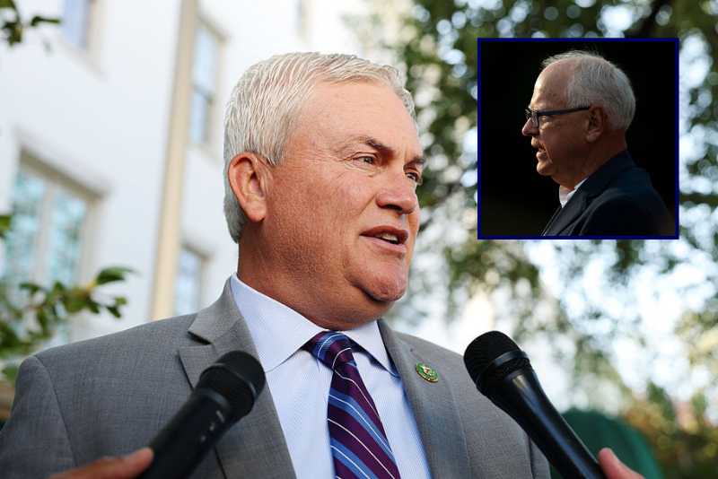 Rep. James Comer (R-KY) speaks to reporters after leaving the House Republicans weekly caucus meetings on Capitol Hill on September 09, 2025 in Washington, DC. Comer, the chairman of the House Oversight Committee, spoke about the recent release of files from the estate of Jeffrey Epstein. (Photo by Anna Moneymaker/Getty Images) / Minnesota Gov. Tim Walz speaks to media gathered on the first day of school at Deerwood Elementary on September 2, 2025 in Eagan, Minnesota. Walz has been considering a special session of the Minnesota legislature to address gun violence and regulations. The majority of Minnesota school children return to school today after last weeks mass shooting at Annunciation Church and School which killed two and injured 21 others.(Photo by Stephen Maturen/Getty Images)