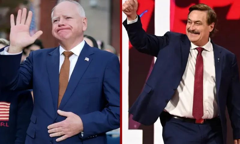 Minnesota Gov. Tim Walz on November 06, 2024 in Washington, DC. (Photo by Andrew Harnik/Getty Images) // My Pillow CEO Mike Lindell at the Gaylord National Resort & Convention Center at National Harbor in Oxon Hill, Maryland, on February 21, 2025. (Photo by Alex Wroblewski / AFP)