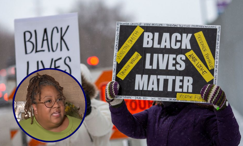 (Background) Demonstrators hold "Black Lives Matter" signs in front of the US District Court in St Paul, Minnesota, on February 24, 2022. - A jury found three former Minneapolis police officers guilty on February 24 of violating the civil rights of George Floyd, the African-American man whose May 2020 murder sparked nationwide protests. (Photo by Kerem Yucel / AFP) (Photo by KEREM YUCEL/AFP via Getty Images) / (L) Screen capture of BLM OKC executive director Tashella Sheri Amore Dickerson in an interview with KOCO 5 News.