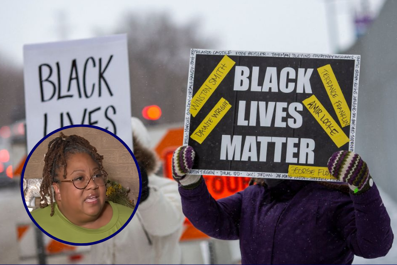 (Background) Demonstrators hold "Black Lives Matter" signs in front of the US District Court in St Paul, Minnesota, on February 24, 2022. - A jury found three former Minneapolis police officers guilty on February 24 of violating the civil rights of George Floyd, the African-American man whose May 2020 murder sparked nationwide protests. (Photo by Kerem Yucel / AFP) (Photo by KEREM YUCEL/AFP via Getty Images) / (L) Screen capture of BLM OKC executive director Tashella Sheri Amore Dickerson in an interview with KOCO 5 News.