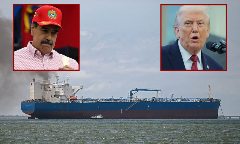(Background) A crude oil tanker waits its turn to be loaded with crude oil at Lake Maracaibo in Maracaibo, Zulia State, Venezuela on May 9, 2025. A line of ships waited their turn to load oil on Lake Maracaibo on May 9 ,2025, two weeks before the US oil company Chevron shuts down operations in Venezuela due to US sanctions. (Photo by Federico PARRA / AFP) (Photo by FEDERICO PARRA/AFP via Getty Images) / (L) Venezuela's President Nicolas Maduro dances during a rally in Caracas on December 1, 2025. Venezuela does not want "a slave's peace," President Nicolas Maduro told thousands of supporters during a rally, referring to a US military deployment he said has been "testing" his country for 22 weeks. (Photo by Juan BARRETO / AFP via Getty Images) / (R) U.S. President Donald Trump speaks to reporters after a ceremony for the presentation of the Mexican Border Defense Medal in the Oval Office of the White House on December 15, 2025 in Washington, DC. During the ceremony, Trump recognized the first 13 service members to receive the recently established Mexican Border Defense Medal (MBDM), which recognizes service members supporting Customs and Border Protection on the U.S.-Mexico border. (Photo by Anna Moneymaker/Getty Images)