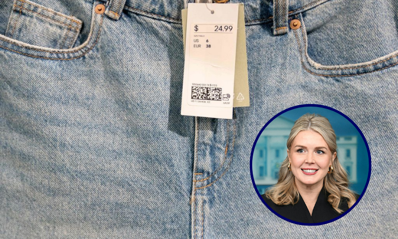 (Background) A price tag is seen on jean shorts in a clothing store in Washington, DC, on June 14, 2022. (Photo by Stefani Reynolds / AFP) (Photo by STEFANI REYNOLDS/AFP via Getty Images) / (R) White House Press Secretary Karoline Leavitt speaks during the press briefing in the Brady Briefing Room of the White House in Washington, DC, on December 11, 2025. (Photo by Jim WATSON / AFP via Getty Images)