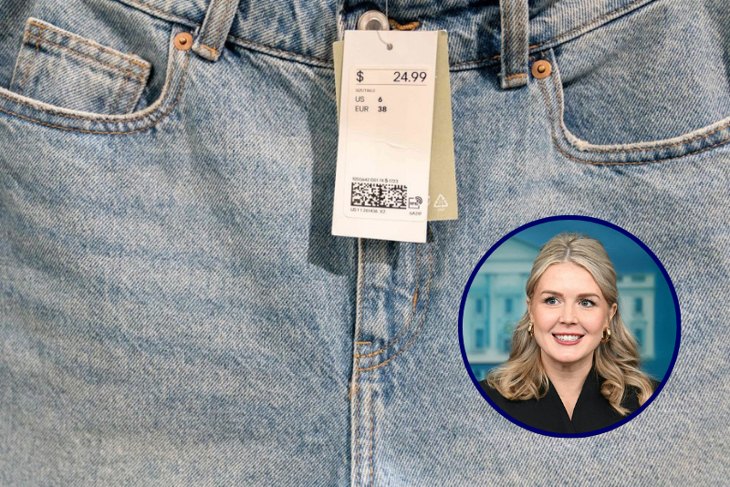 (Background) A price tag is seen on jean shorts in a clothing store in Washington, DC, on June 14, 2022. (Photo by Stefani Reynolds / AFP) (Photo by STEFANI REYNOLDS/AFP via Getty Images) / (R) White House Press Secretary Karoline Leavitt speaks during the press briefing in the Brady Briefing Room of the White House in Washington, DC, on December 11, 2025. (Photo by Jim WATSON / AFP via Getty Images)