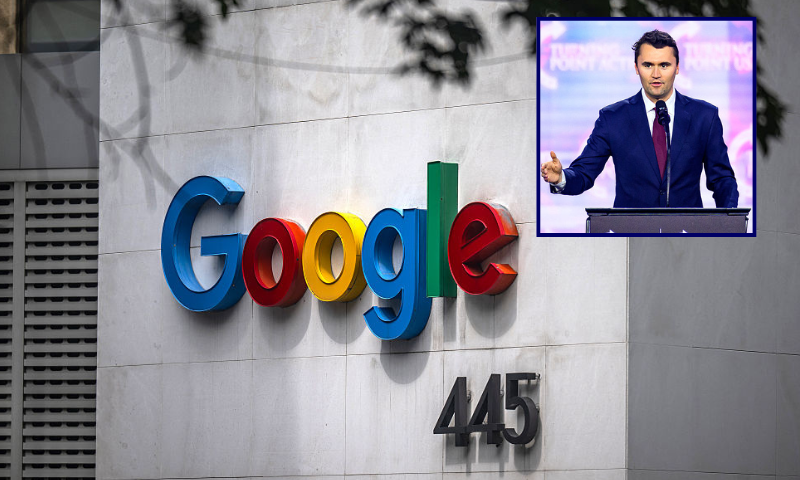 (Background) The Google logo is pictured at the company's headquarters in Mexico City on September 23, 2025. Google is celebrating 20 years of presence in Mexico. (Photo by Carl de Souza / AFP) (Photo by CARL DE SOUZA/AFP via Getty Images) / (R) This photo taken on December 22, 2024 shows US right-wing activist Charlie Kirk speaking on stage at America Fest 2024 in Phoenix, Arizona. Right-wing youth activist and influencer Charlie Kirk, a major ally of President Donald Trump, was shot dead on September 10, 2025 in a murder that sparked fears of more political violence in an increasingly febrile United States. Trump confirmed on social media that Kirk, 31, had died from his injuries. (Photo by JOSH EDELSON / AFP) (Photo by JOSH EDELSON/AFP via Getty Images)
