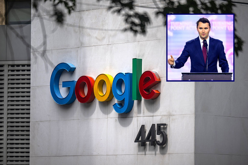 (Background) The Google logo is pictured at the company's headquarters in Mexico City on September 23, 2025. Google is celebrating 20 years of presence in Mexico. (Photo by Carl de Souza / AFP) (Photo by CARL DE SOUZA/AFP via Getty Images) / (R) This photo taken on December 22, 2024 shows US right-wing activist Charlie Kirk speaking on stage at America Fest 2024 in Phoenix, Arizona. Right-wing youth activist and influencer Charlie Kirk, a major ally of President Donald Trump, was shot dead on September 10, 2025 in a murder that sparked fears of more political violence in an increasingly febrile United States. Trump confirmed on social media that Kirk, 31, had died from his injuries. (Photo by JOSH EDELSON / AFP) (Photo by JOSH EDELSON/AFP via Getty Images)