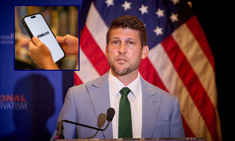 James Uthmeier speaks at the National Conservative Convention in Washington D.C., Sept. 3, 2025. (Photo by Dominic Gwinn / Middle East Images via AFP) (Photo by DOMINIC GWINN/Middle East Images/AFP via Getty Images) / A 7-year-old teenage boy looks at a photo screen with Roblox, a social media networking app that will not be age-restricted, is opened on December 07, 2025 in Sydney, Australia. The Online Safety Amendment (Social Media Minimum Age) Act 2024 requires social media platforms, including TikTok, Instagram, Facebook, YouTube, Snapchat, X, Reddit, Threads, Twitch, and Kick to implement age-verification systems and take reasonable steps to prevent account creation by users under 16, with non-compliant platforms facing penalties of up to A$50 million. (Photo by George Chan/Getty Images)